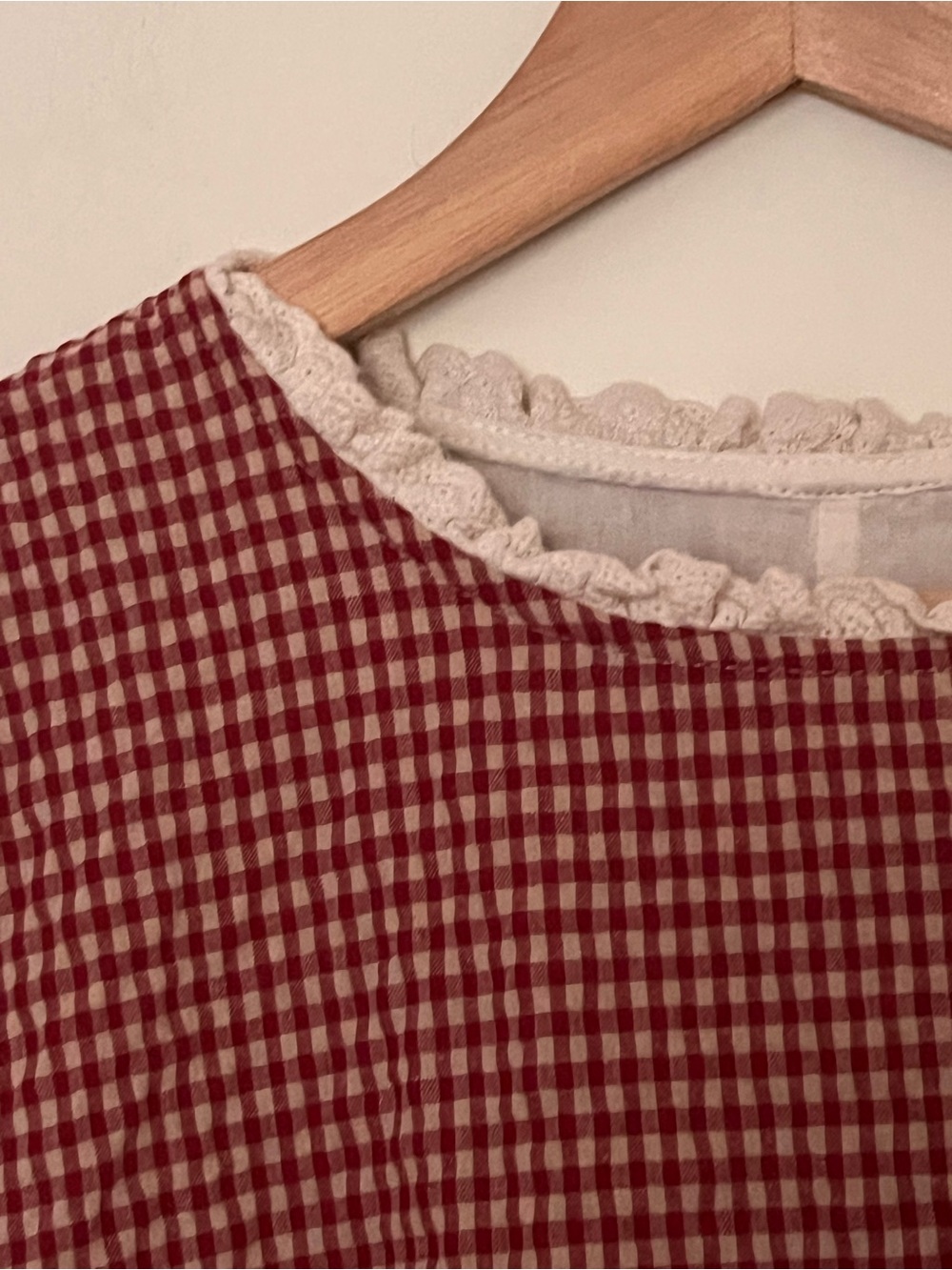 Vintage Handcrafted Red White Gingham Cotton Poplin Lace Layered Dress S-L - Picture 4 of 8